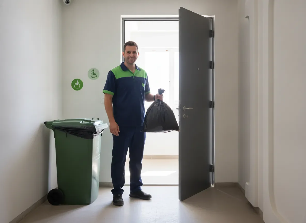 צוות זורקים בשבילך אוסף שקית אשפה מדלת בית הלקוח