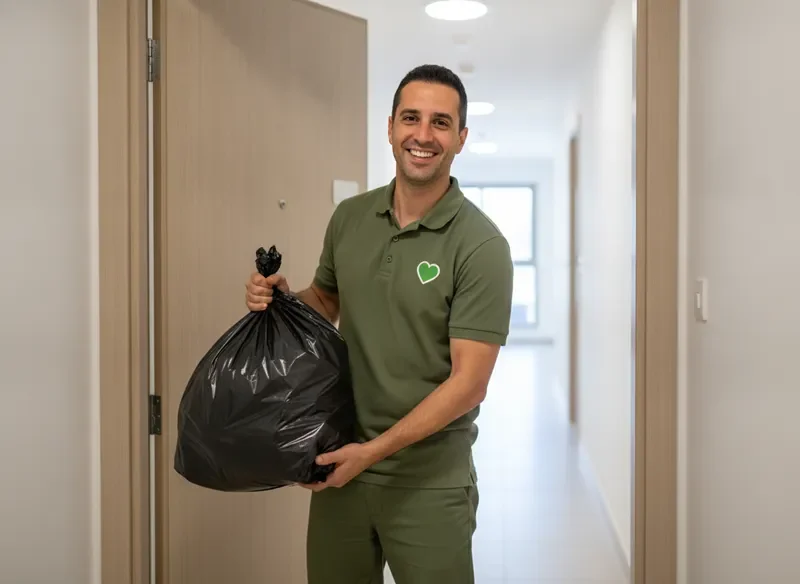 עובד שירות חייכן אוסף שקית אשפה מדלת דירה